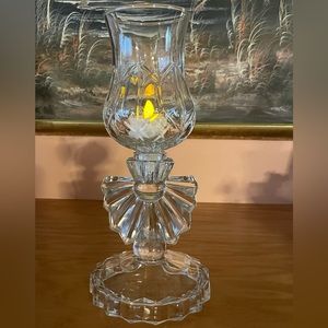 Hurricane peg votive holder with vintage depression glass art base.